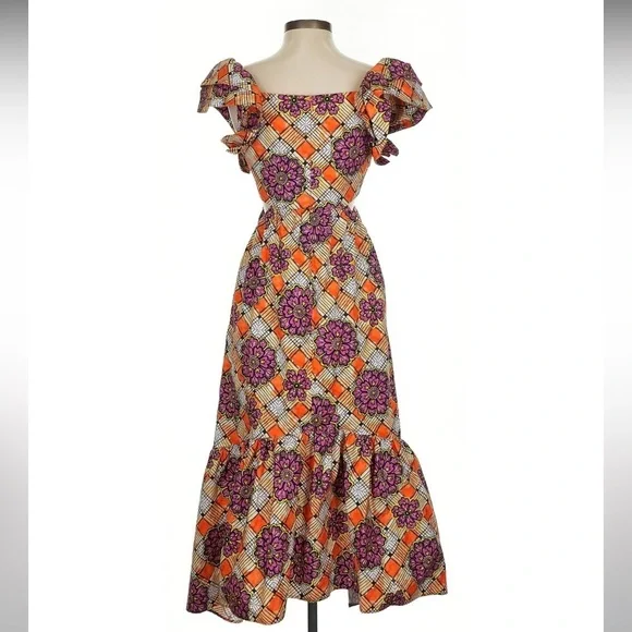 Autumn Adeigbo Chioma Floral Cutout Midi Dress Purple Orange Tiered Ruffle Dress - Picture 8 of 15